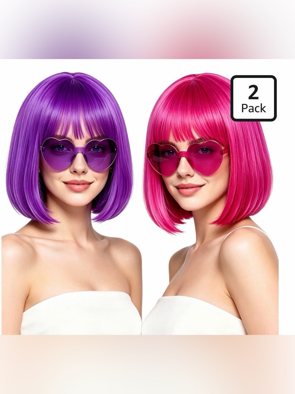 2 Pack Vivid Womens Short Bob Wig and Heart Sunglasses Set Purple & Hot Pink